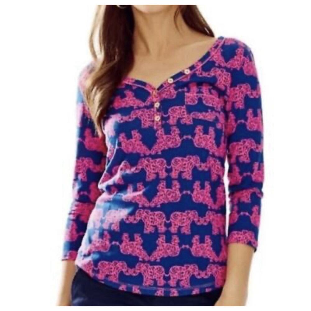 Lilly Pulitzer Top Medium Palmetto Navy Pink Henley Pima Cotton Pack Your Trunk